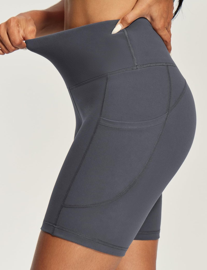 IUGA Biker Shorts Women 6" Tummy Control Workout Shorts Women with Pockets High Waisted Yoga Running Gym Spandex Compression Gray - Image 4
